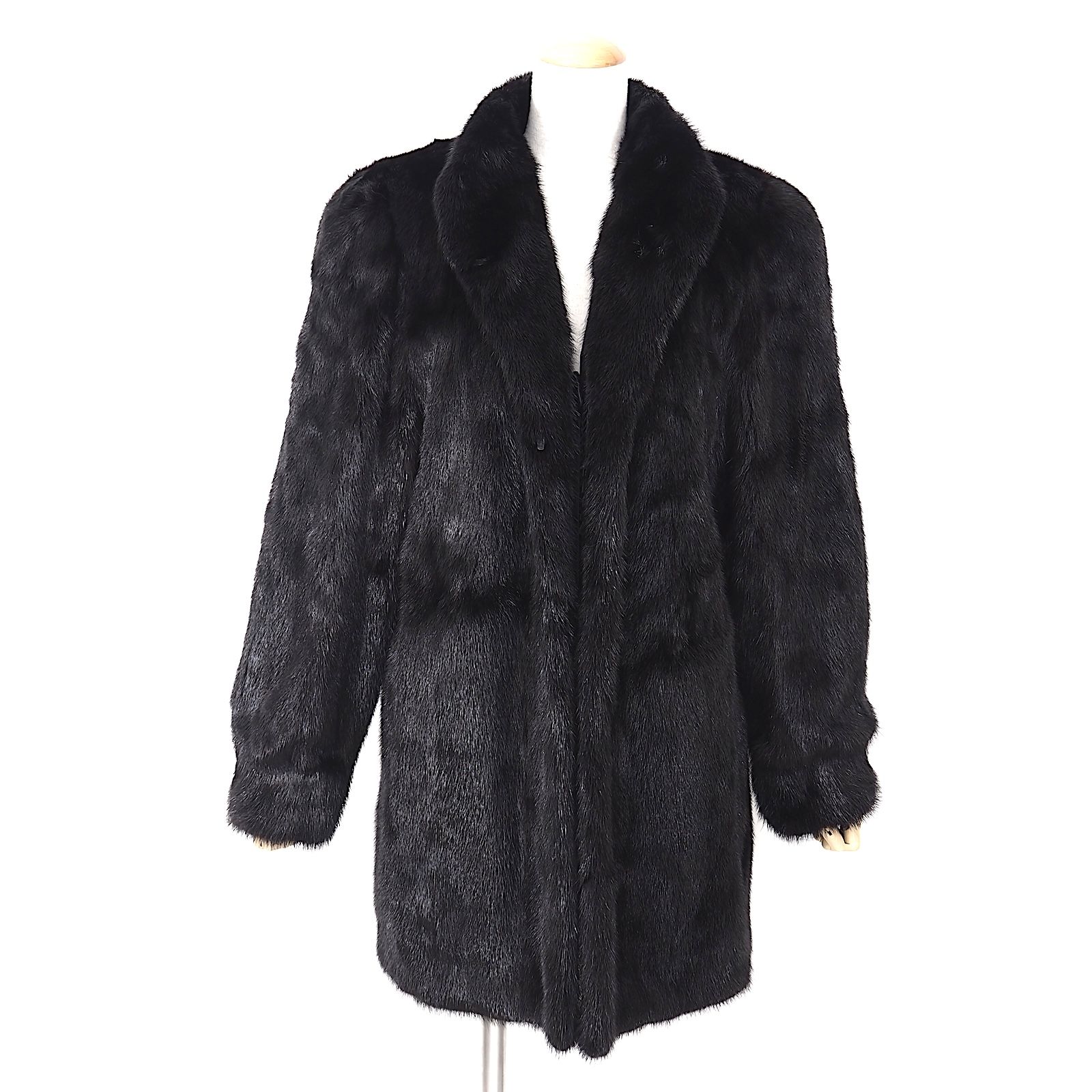 Malvoisie ダークミンク MINK ミンクファー リアルファー 毛皮 コート ミドル丈 13号 ブラック レディース 5-OIF494