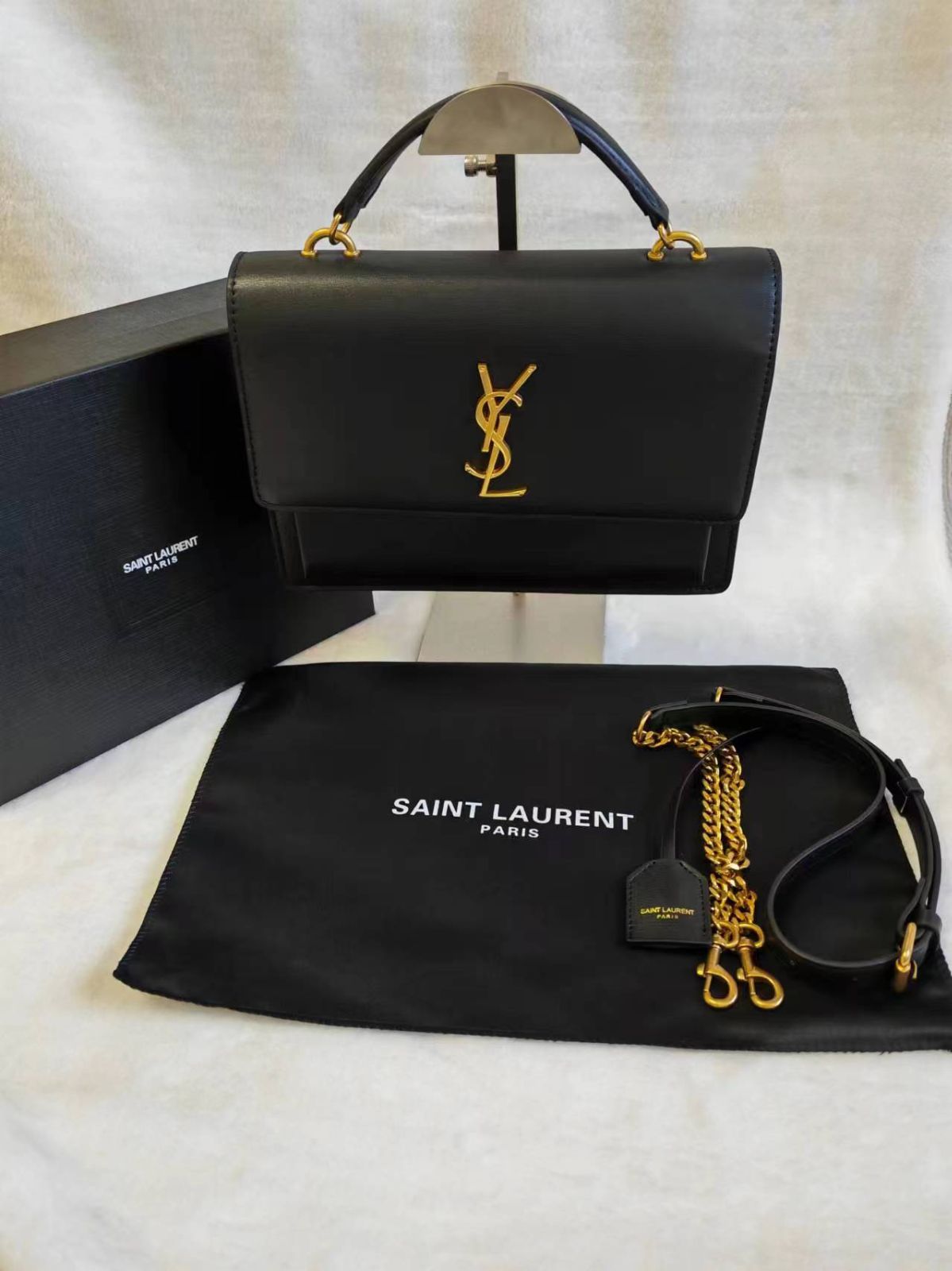 SAINT LAURENT PARIS(サンローランパリ) ミディアム サンセット チェーンショルダーバッグ ハンドバッグ 2way レザー ブラック黒 ゴールド金具