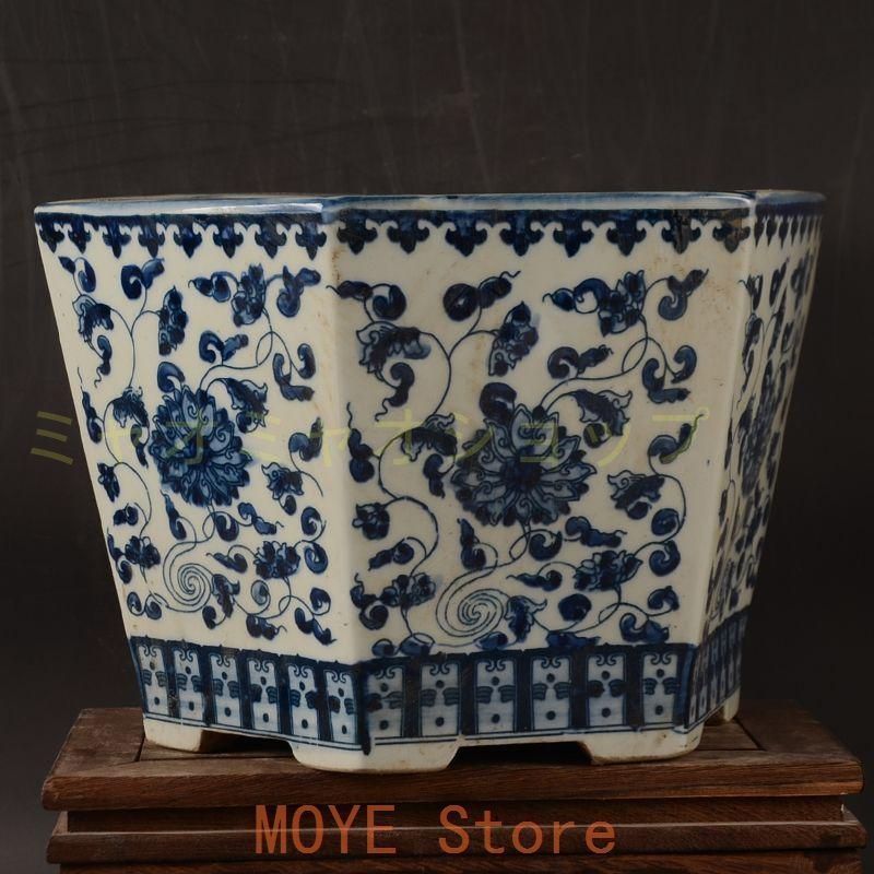 景徳鎮 青花纏枝紋六方植木鉢 陶磁器 盆栽鉢 置物