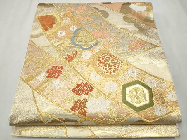 平和屋着物●西陣　川島織物　六通柄　本袋帯　短冊草花丸文　金糸　正絹　逸品　CAAR7982hy 平和屋着物○西陣 川島織物 六通柄 本袋帯 短冊草花丸文 金糸 正絹