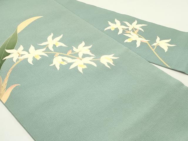 平和屋着物●九寸名古屋帯 友禅 作家者 草花文 水浅葱色 鬼しぼ縮緬 正絹 DAAY0191ob