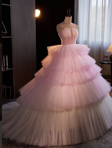 グラデーションピンク チュールドレス 抹胸 ケーキライン 感 ウェディング フォト 結婚式 パーティー ステージ イブニングドレス レディース 送料無料