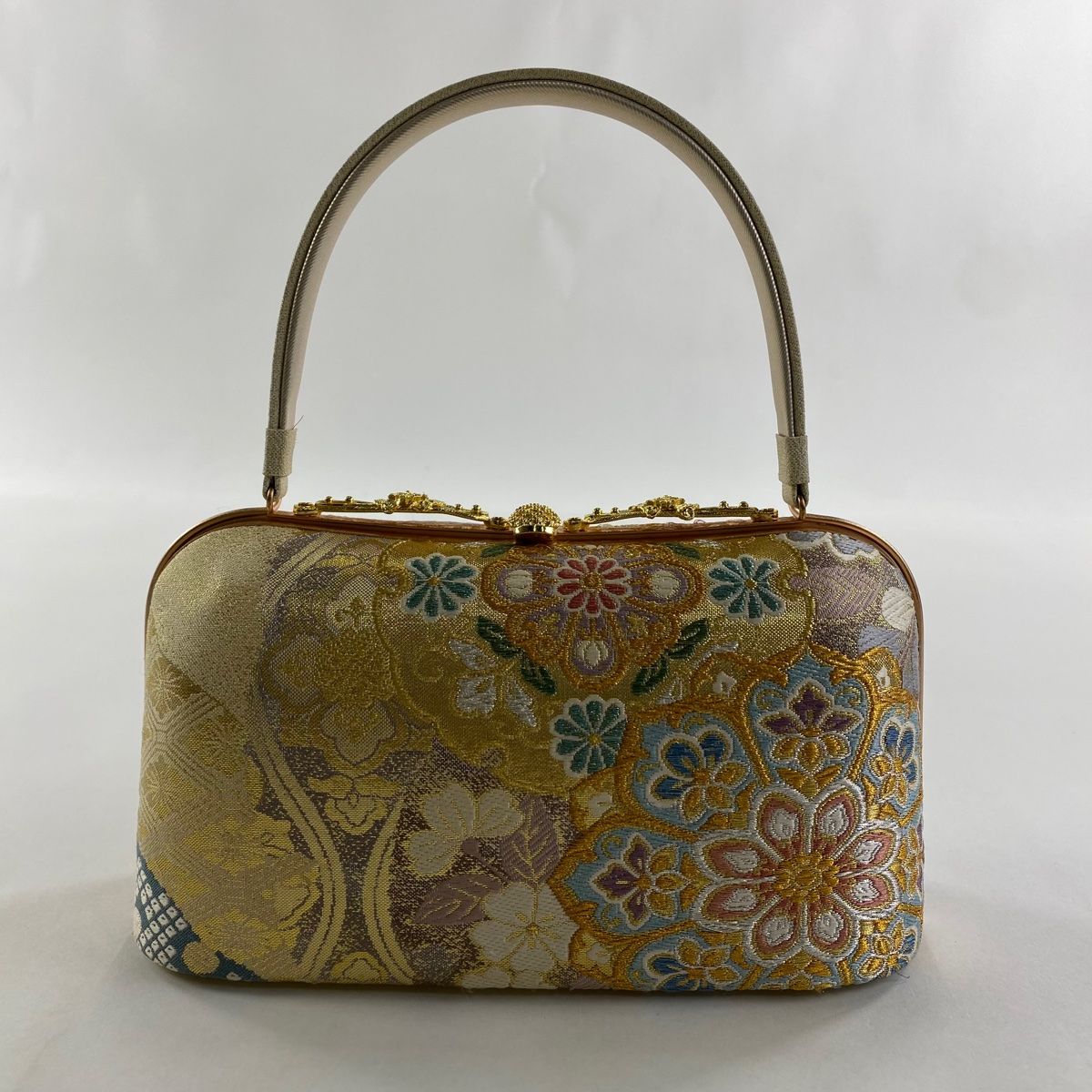 和装バッグ 秀品 フォーマル 華文 草花 金糸 箔 金色 正絹 和装小物