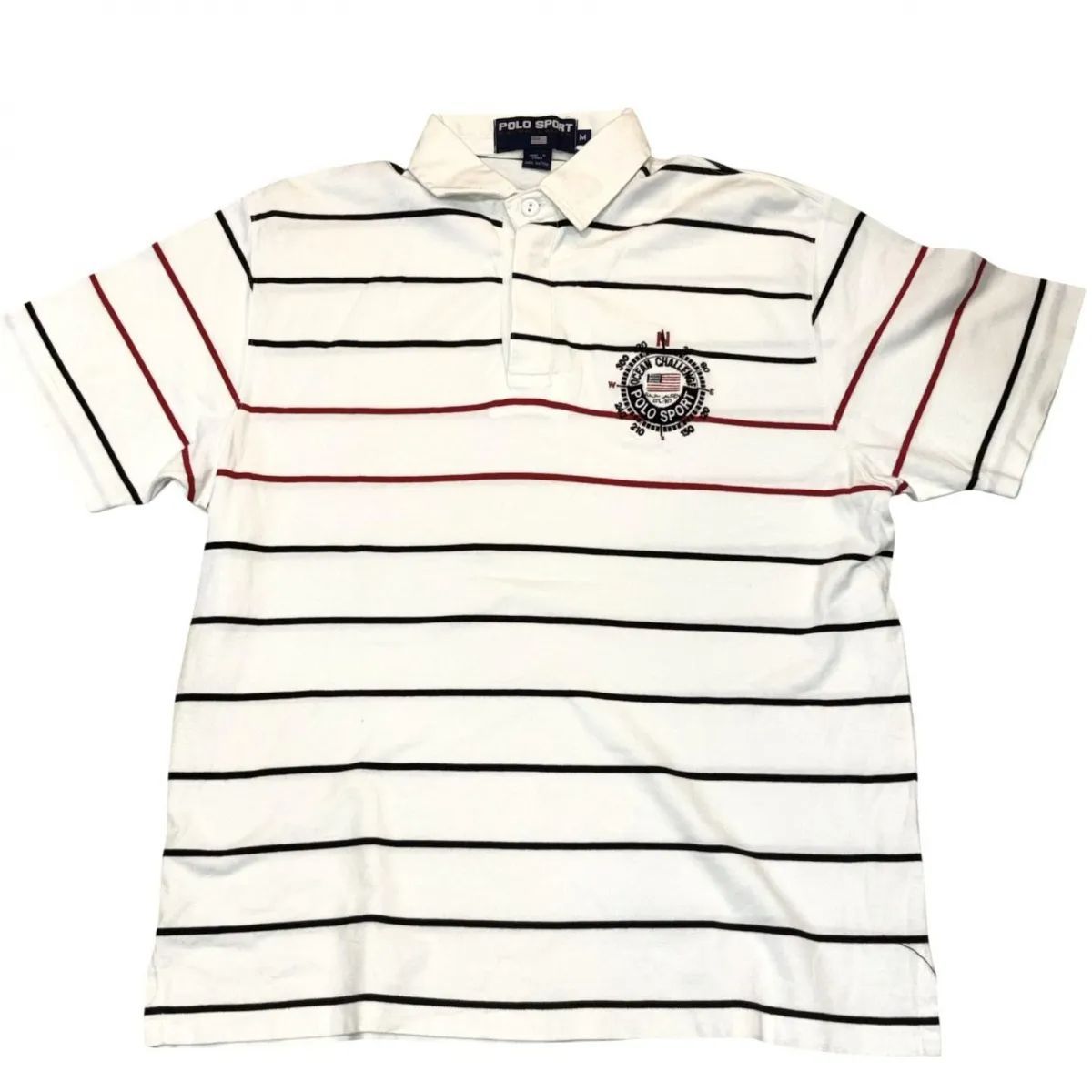 90s POLO SPORT OCEAN CHALLENGE 半袖ラガーシャツ 白 黒 赤 ボーダー 