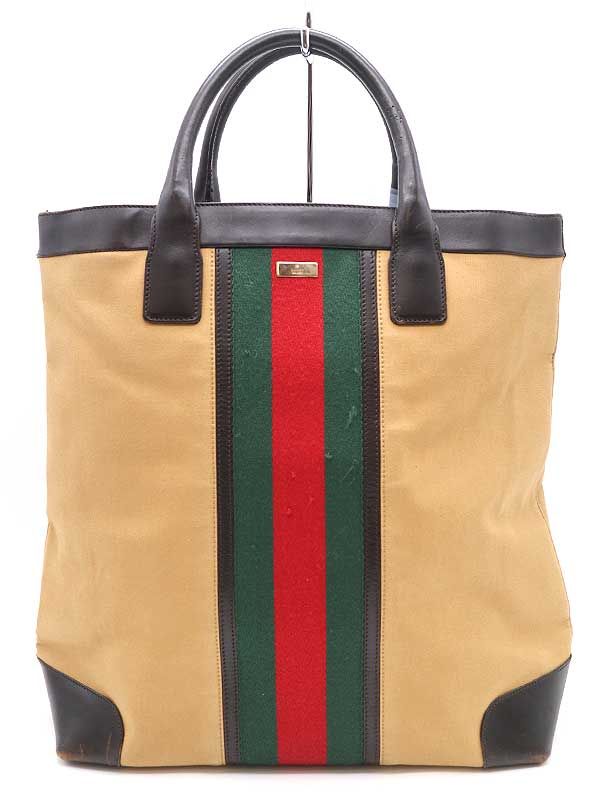 GUCCI グッチ レザーコンビシェリーラインキャンバストート