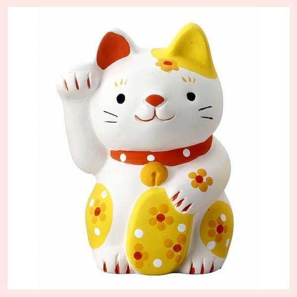 花 招き猫・黄 K5708 ※陶器,縁起物,高級感,高品質,民芸品,工芸品