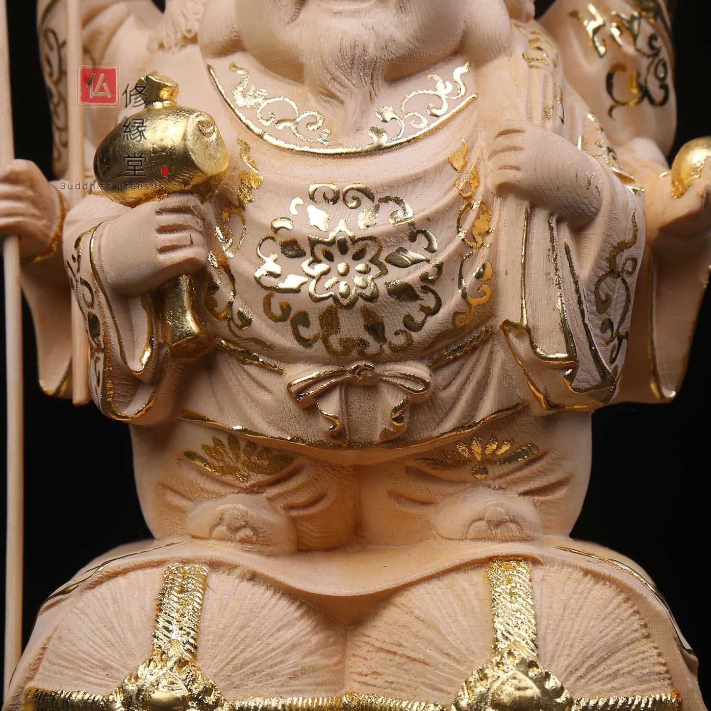 木彫り 三面大黒天立像 一刀彫 大迫力 木彫仏像 福神 仏教工芸品 - 美術品
