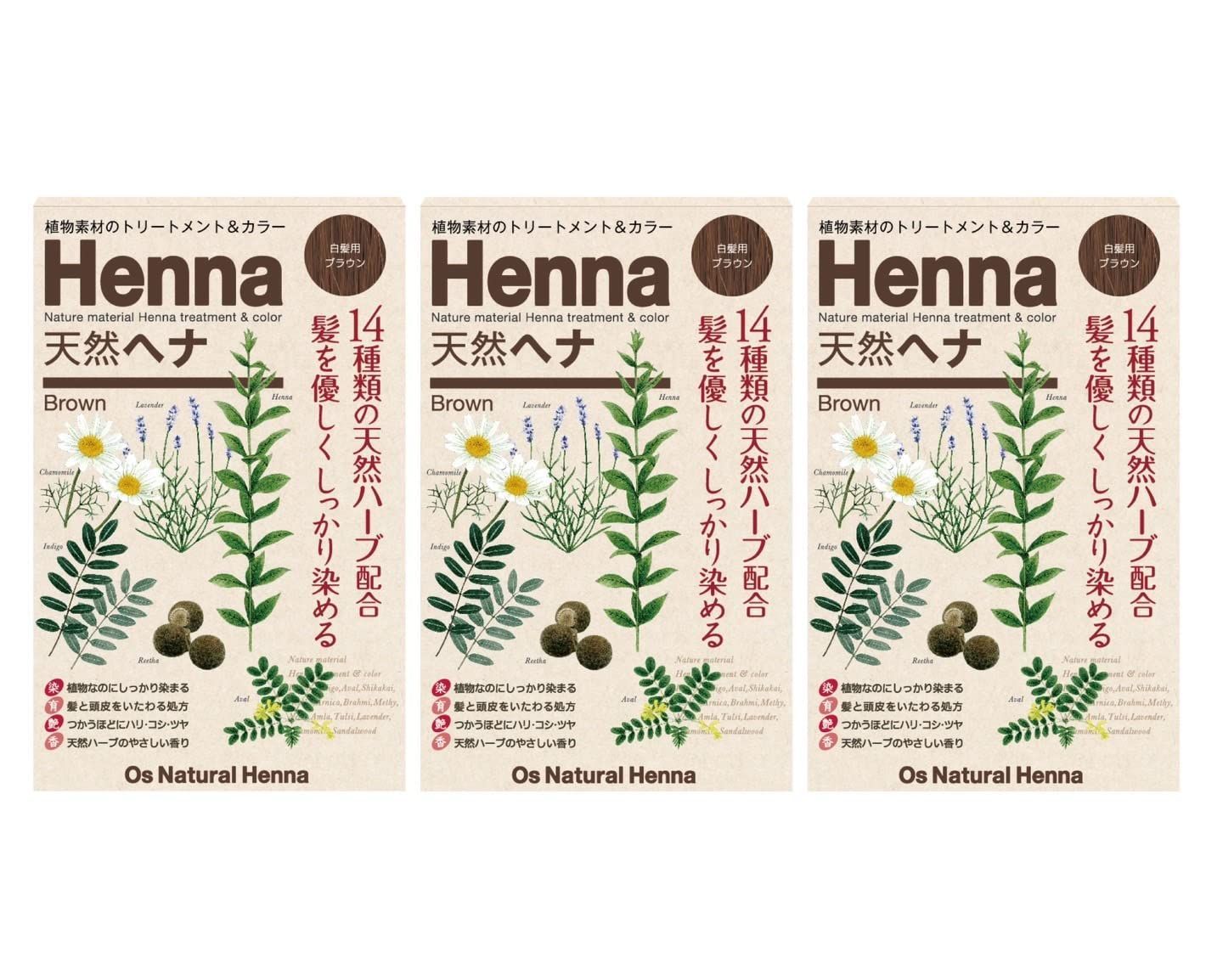 ブラウン オーズナチュラルヘナ ブラウン(80g×1袋)×3箱 取扱説明書・手袋付き ブラウン
