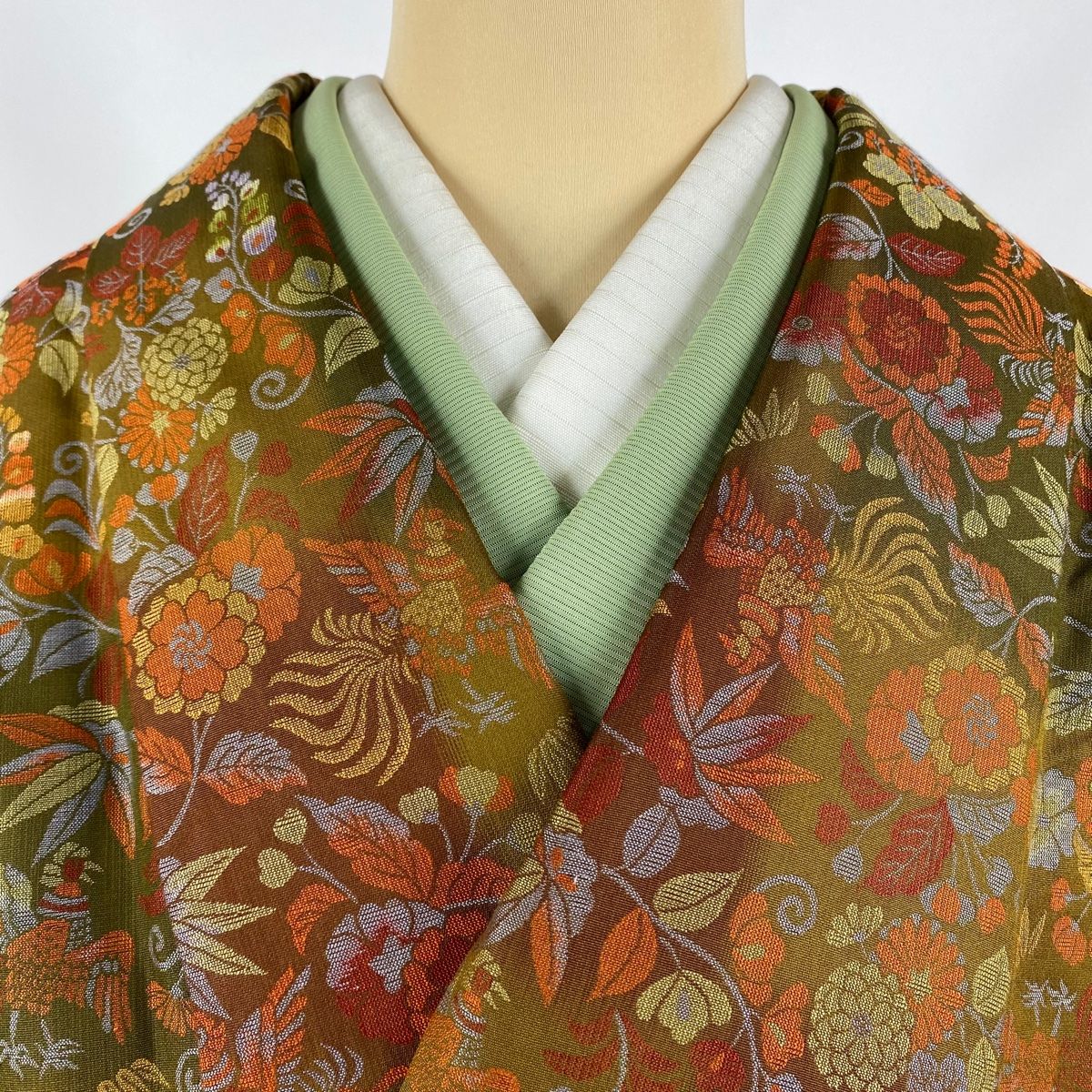 道中着 身丈103cm 裄丈65cm M 和装コート 草花 鳥 茶緑色 正絹 美品  