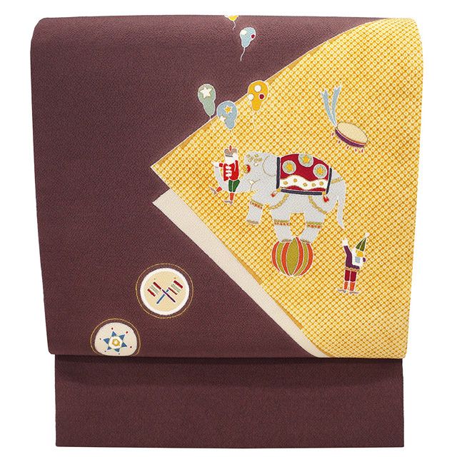 名古屋帯 リサイクル 正絹 九寸 染め帯 染帯 縮緬 ちりめん 金彩加工 茶紫 サーカス 象 ゾウ ピエロ 風船 上質 カジュアル 春 秋 冬 九寸名古屋帯 なごや帯 パールトーン加工済み 仕立て上がり みやがわ sb54579