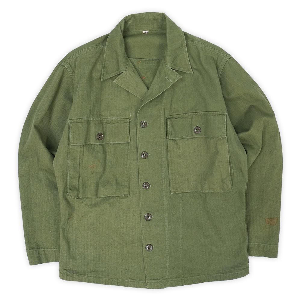 米軍実物 US.ARMY 40s 40年代 M-43 HBTジャケット ヘリンボーンツイル 色濃い目 ミリタリー USA ヴィンテージ アメリカ軍 古着 メンズ コート ジャケット OD オリーブドラブ 36R【中古】