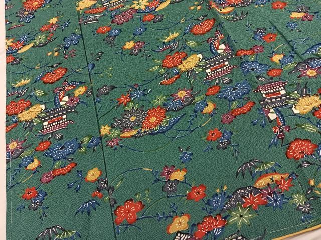 平和屋着物□上質な小紋 型染め 風景花文 鬼しぼ縮緬 正絹 逸品