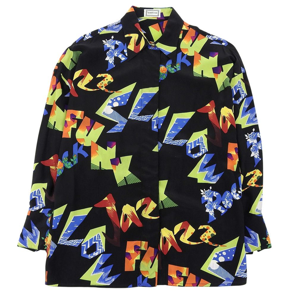 VERSACE ヴェルサーチ Gianni Versace 総柄 ブラウス シャツ トップス レディース シルク ブラック 38 90’s ヴィンテージ
