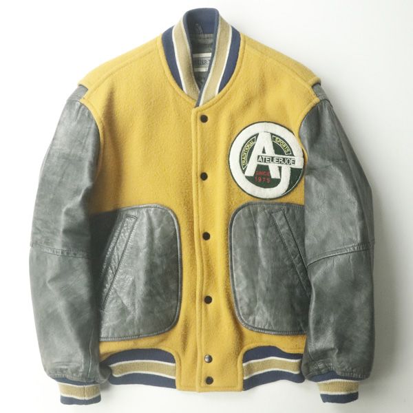 【人気の90年代 ヴィンテージ】美品 日本製 ATELIER JOE アトリエ ジョー 牛革 ヴィンテージ 袖レザー レタード スタジャン 黄 x グレー F