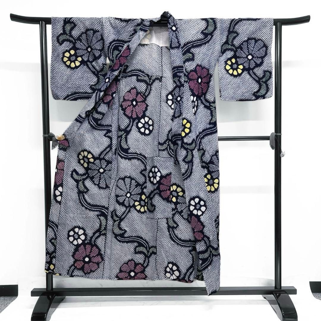 浴衣 有松鳴海絞り 縦縞 リーフ 藍染 ネイビー 着物 042a d