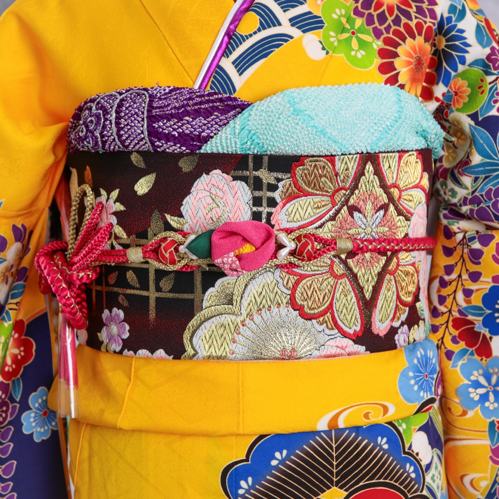 振袖フルセット 振袖セット 振袖 LLサイズ 中古 黄色×モダン 紅型 美品 
