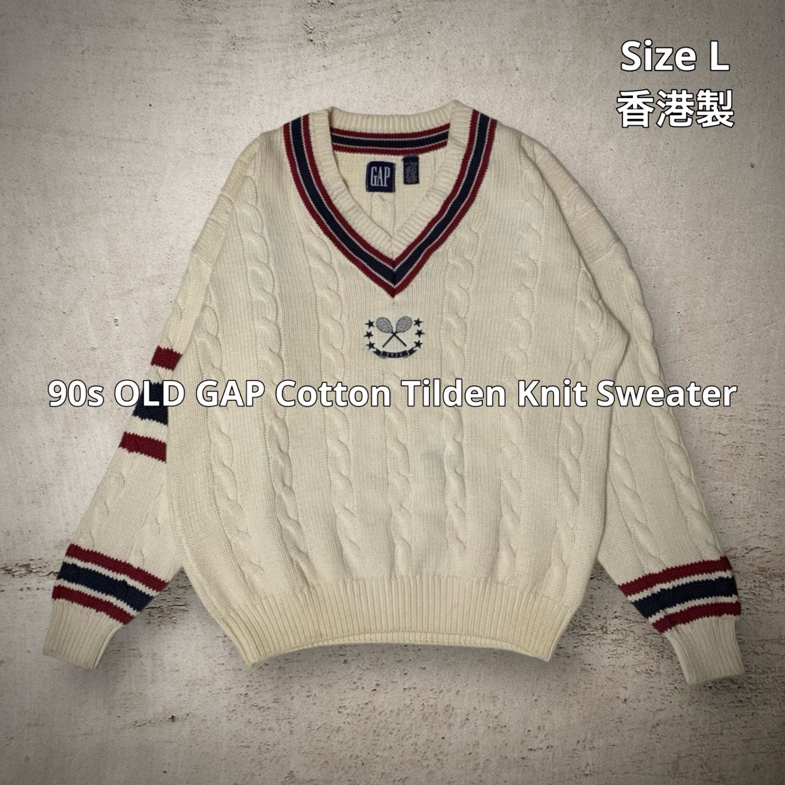 90s OLD GAP Cotton Tilden Knit Sweater オールドギャップ チルデンニットセーター コットンニット ホワイト  レッド ネイビー Lサイズ 香港製 刺繍 アシンメトリー オーバーサイズ 肉厚 コットン100%