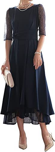 アウニイ パーティ ワンピース ドレス レディース ウエスト モチーフ ベルト 結婚式およばれワンピース パーティードレス お呼ばれ 320141 ネイビー M