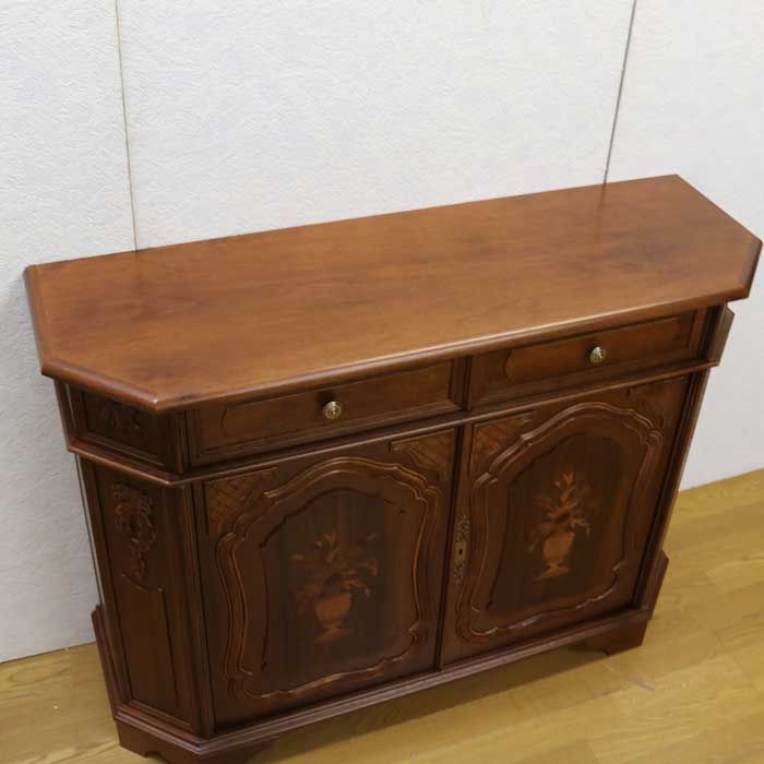 キャビネット 木製 イタリア 完成品 猫脚 象嵌 ブラウン サイドボード