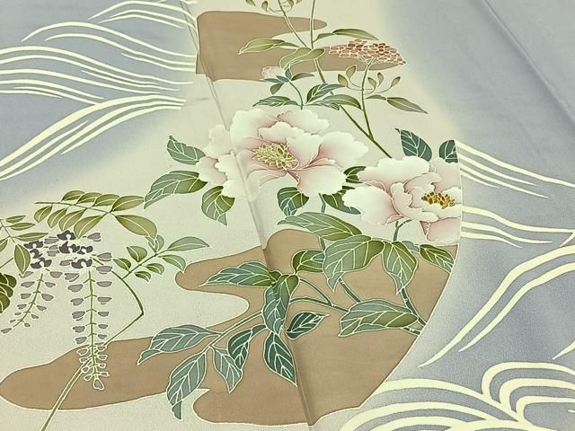 平和屋着物▽訪問着 単衣 刺繍 流水花文 暈し染め 金糸 正絹 逸品