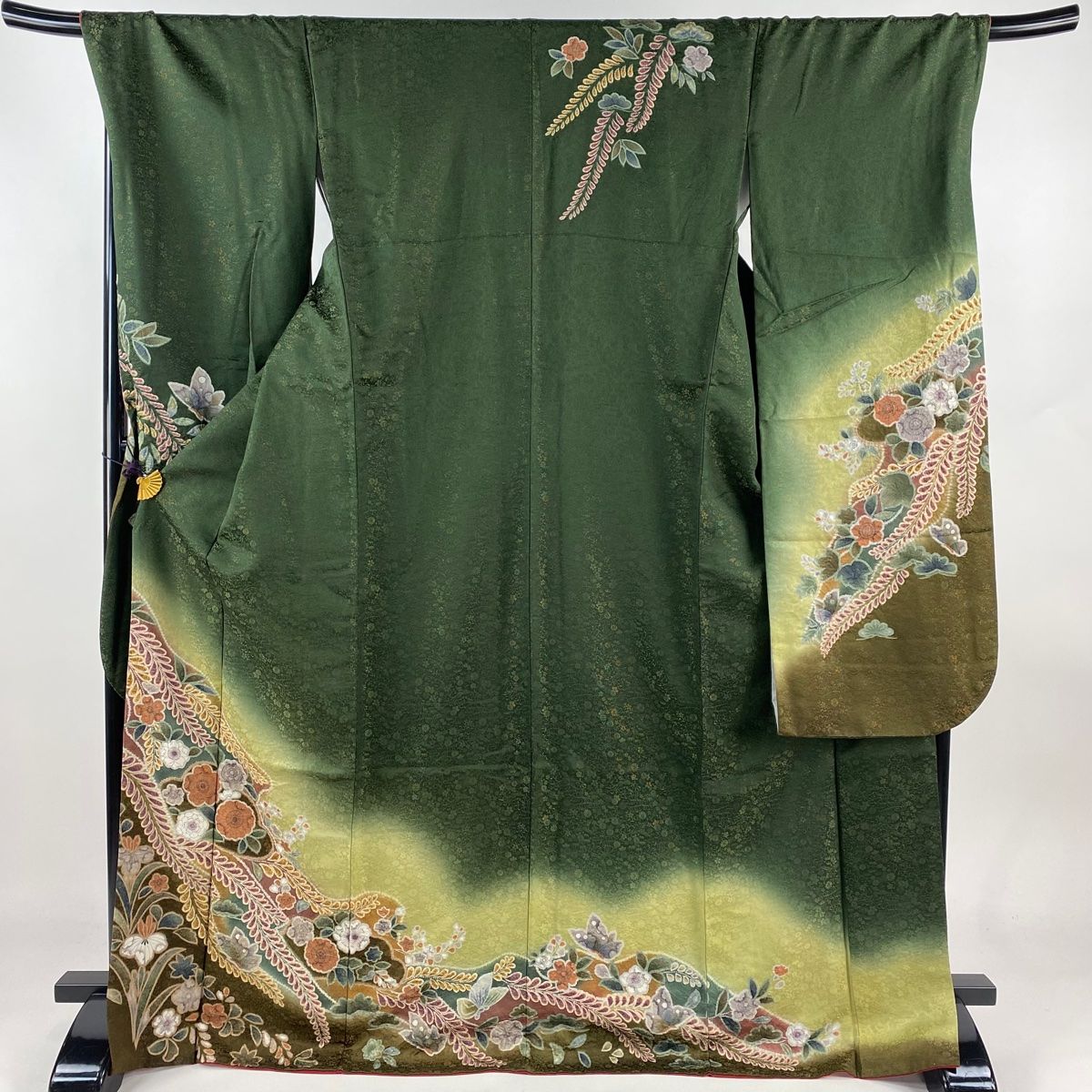 振袖 身丈172.5cm 裄丈71cm L 袷 やまと 辻が花 金通し 染め分け 深緑 正絹