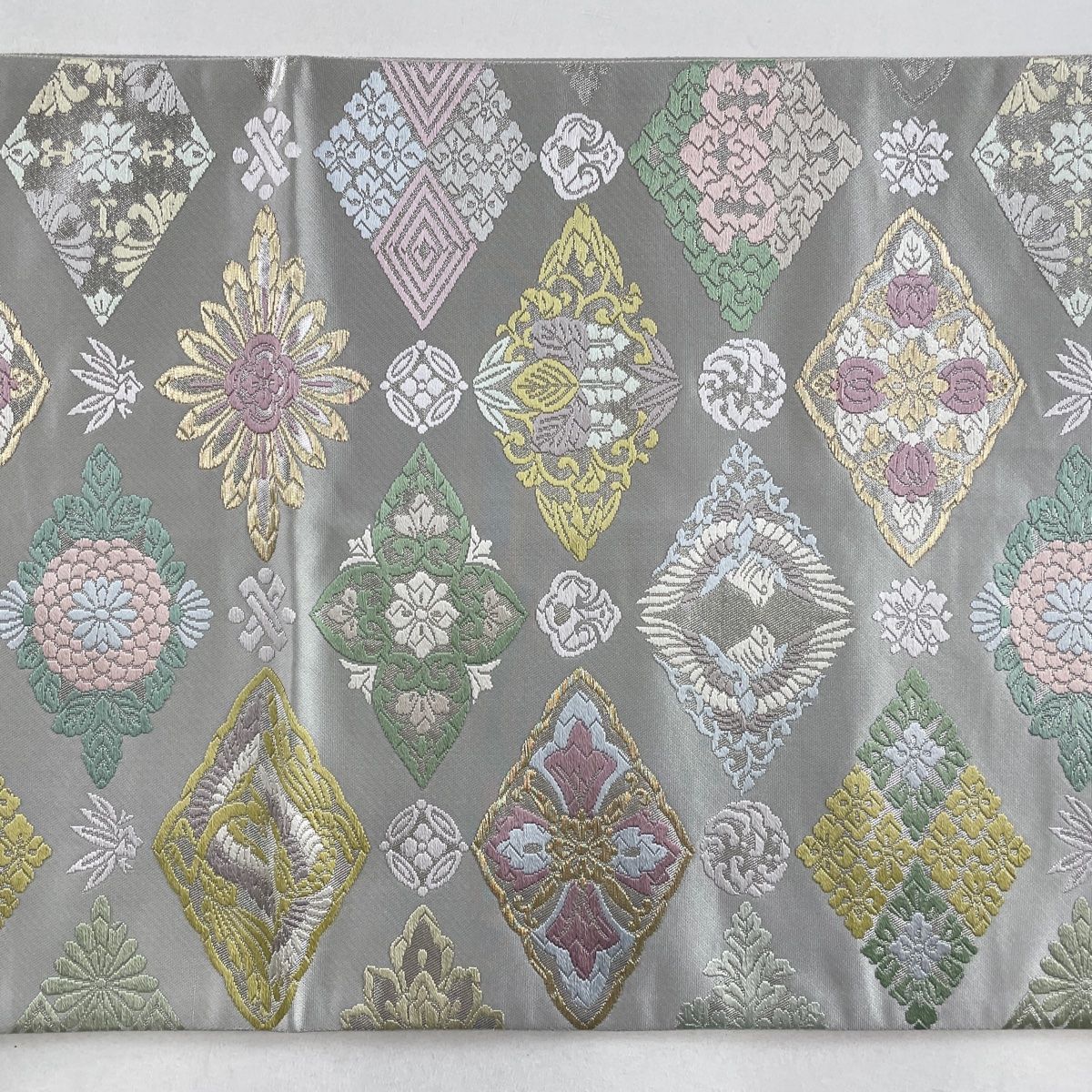 袋帯 美品 名品 花菱 向かい鳥 金糸 箔 灰緑 六通 正絹 【中古