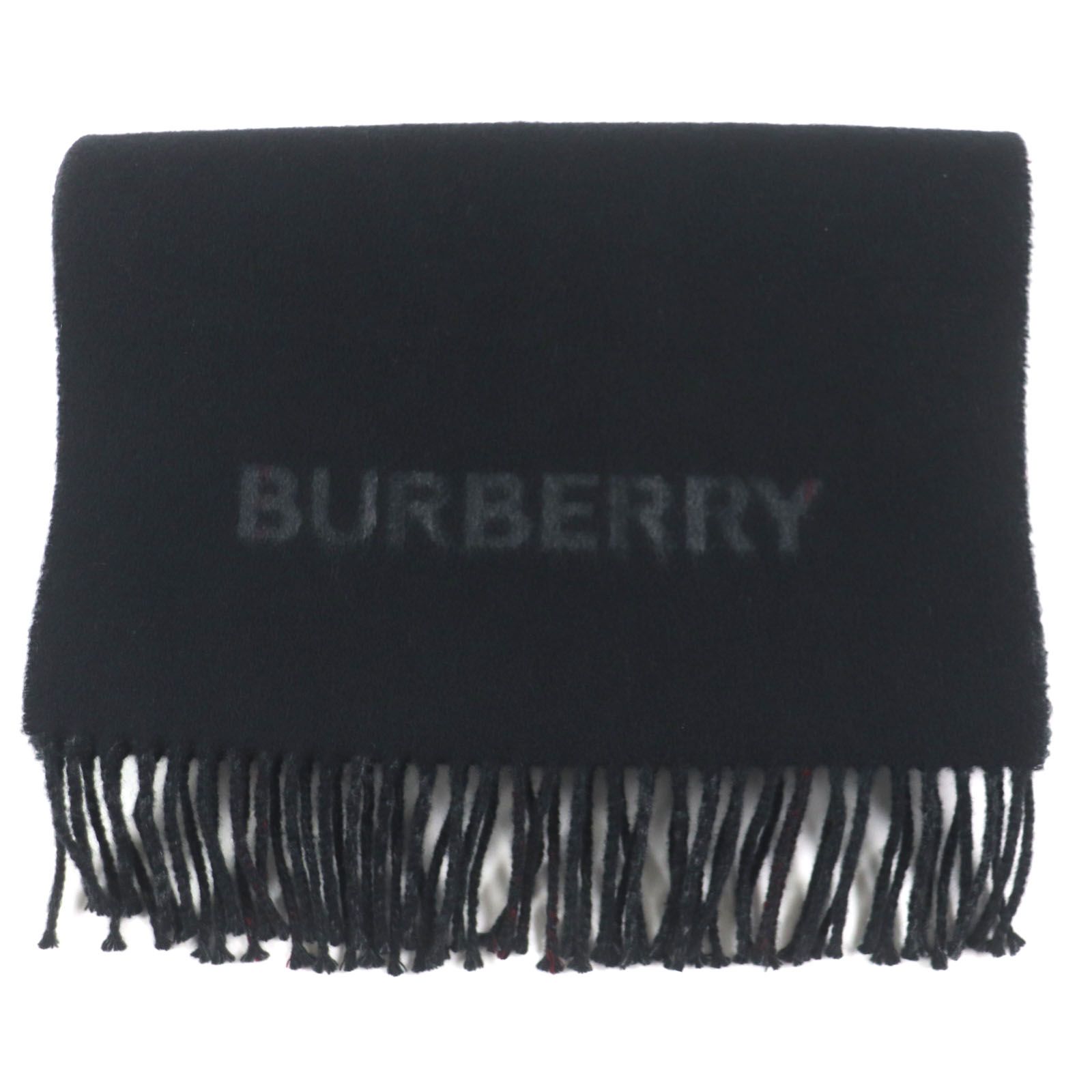 極美品BURBERRY バーバリー カシミヤ100% 現行品 チェック柄 ロゴ フリンジ リバーシブル マフラー ブラック グレー 箱付き スコットランド製 正規品 メンズ