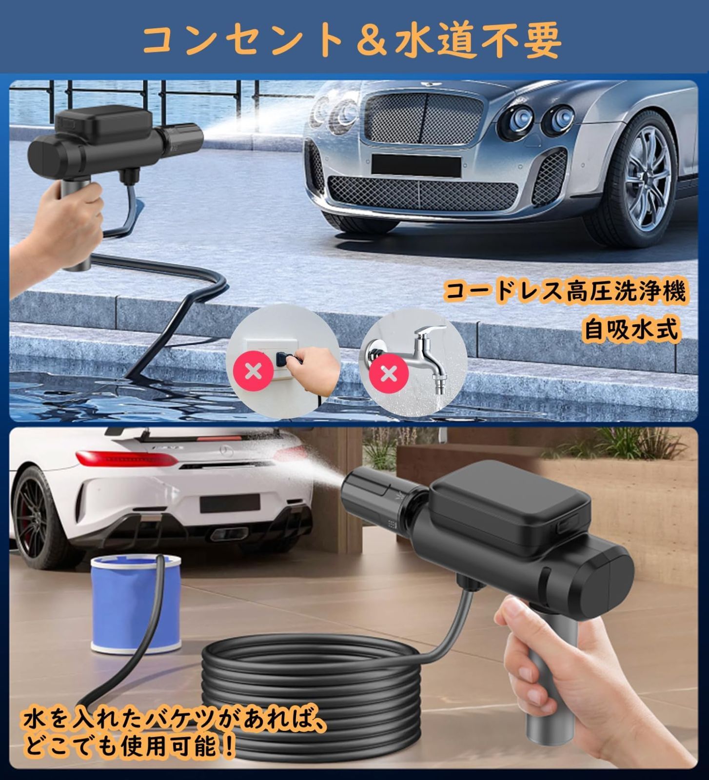 洗車 コンパクト 家庭用 5 mホース付き 自吸式 ハンディ高圧洗浄機 5つの噴射モード ポータブル in 1ノズル 充電式 折りたたみ ミニ洗車機 高圧洗浄機 コードレス