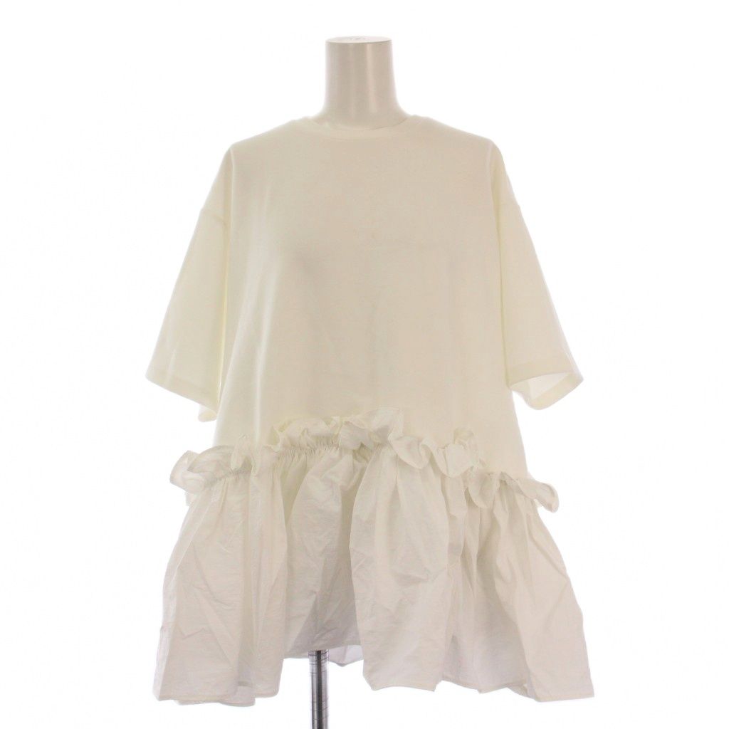 スリースクエア THREE SQUARE カットソー 半袖 クルーネック ストレッチ フリル 切替 F 白 ホワイト BB