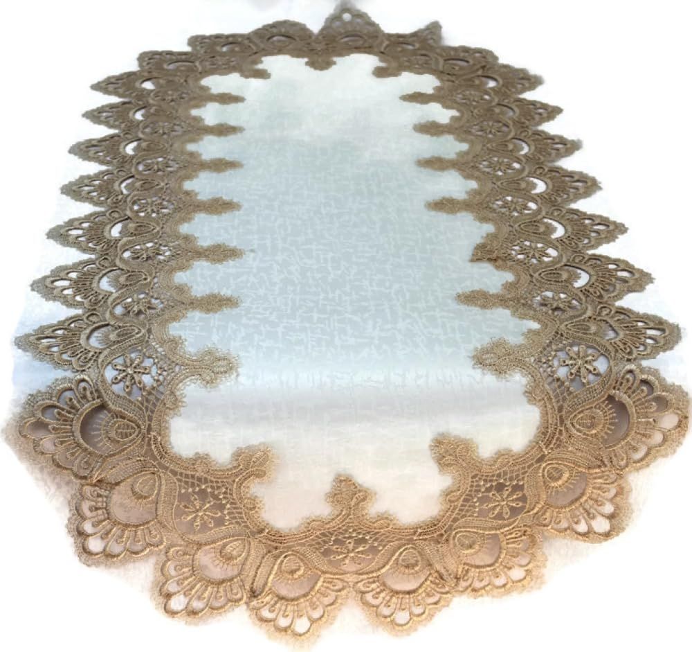 Doily ブティックテーブルランナー ゴールドヨーロピアンレースとアンティーク素材 サイズ34 x 15インチ