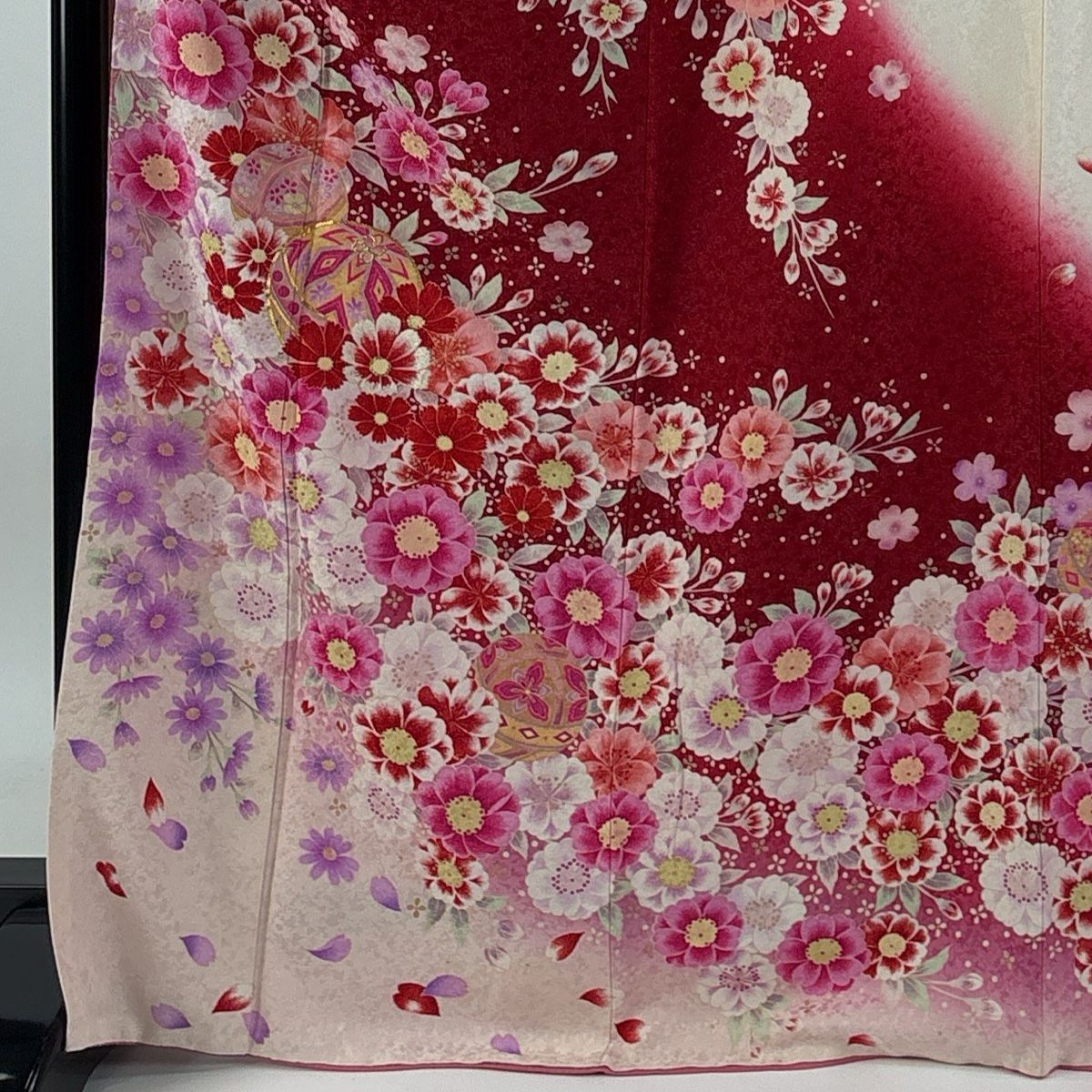 振袖 身丈170cm 裄丈67cm M 袷 草花 手鞠 銀通し 金彩 赤 正絹