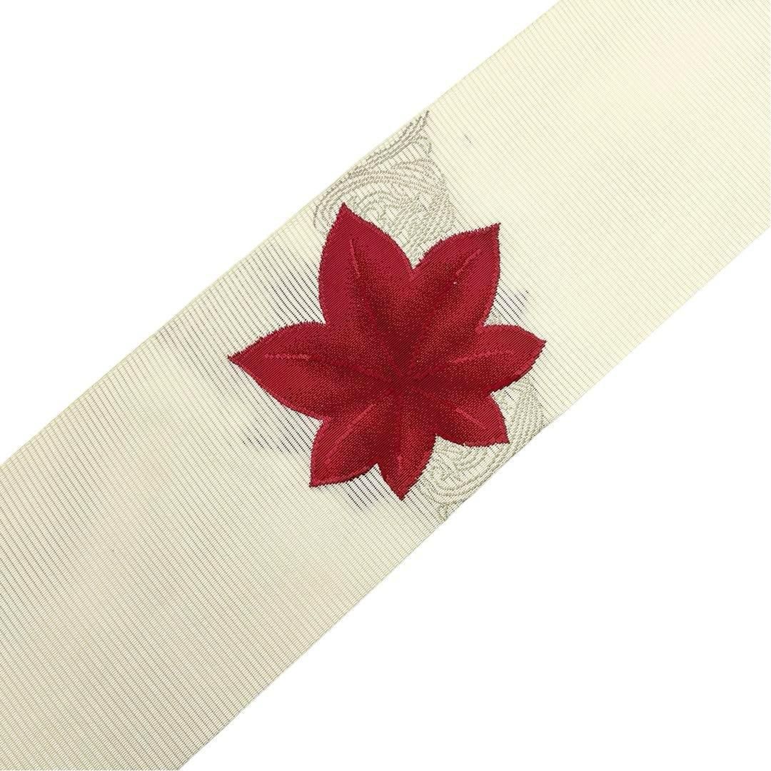 夏帯 名古屋帯 絽 じゅらく 紅葉 花唐草模様 薄淡黄色 O-3826 夏帯 名古屋帯 絽 じゅらく 紅葉 花唐草模様 薄淡黄色 O-3826