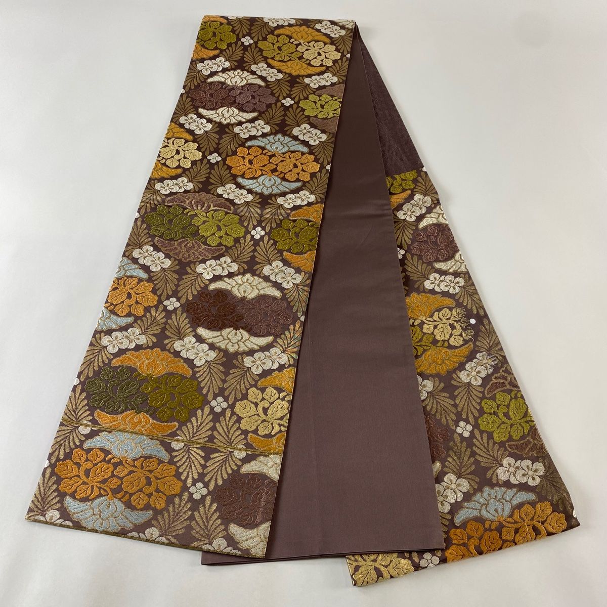 袋帯 美しい花 唐織 抹茶色 正絹 AO-4247 袋帯 美品 秀品 鳥 枝花 箔 金色 六通 正絹 【中古】 - メルカリ
