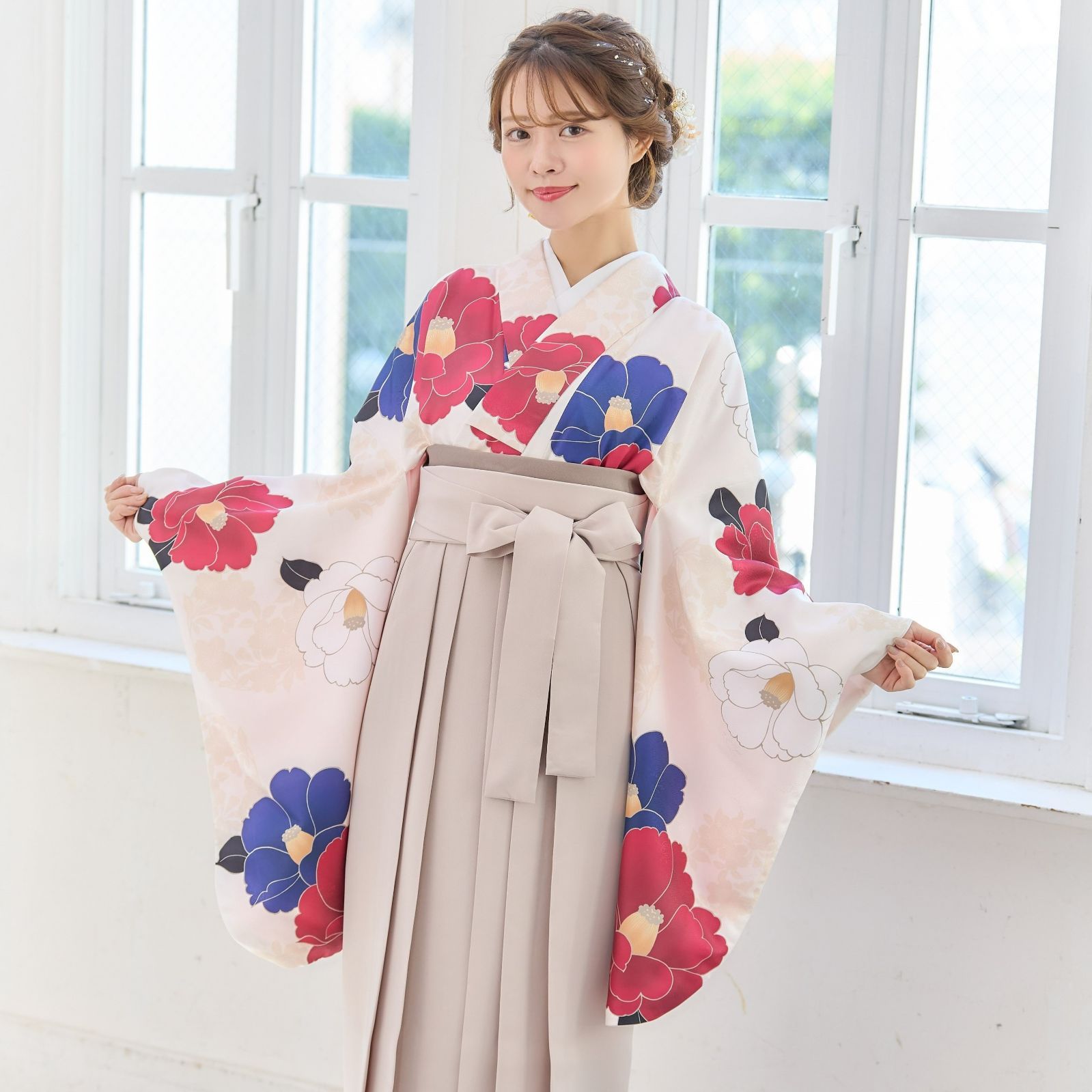 新品袴3点セット 卒業式 小学生 大学生 グレー ピンク 牡丹 80BK（新品  
