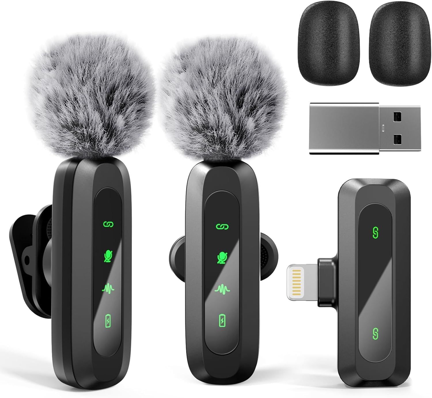 USBヘッド変換器+収納袋＋毛風防ヘッド2個付き（Lightning端子） Vlog撮影/動画配信/生放送等に対応 撮影用 マイク asmr 超ミニマイク クリップ式 360回転可能 360集音 9時間連続使用 音画同期 ノイ