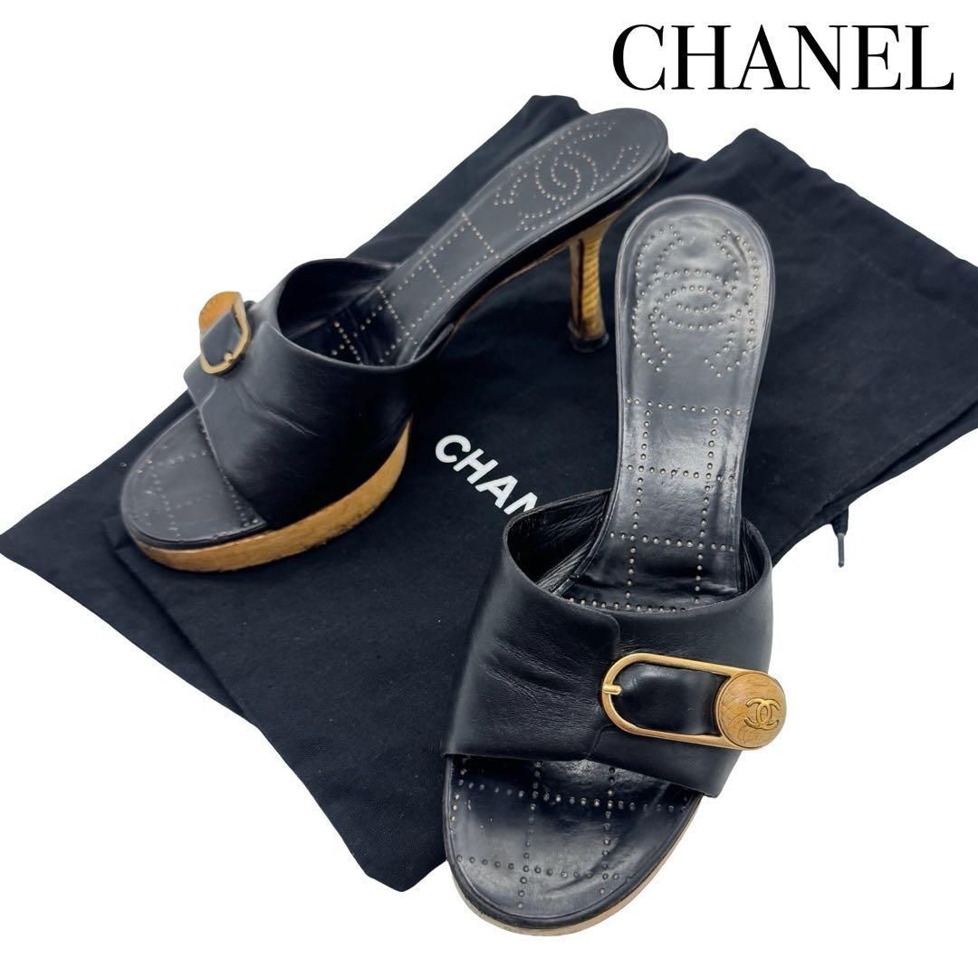 CHANEL シャネル ココマーク金具 レザー ヒールサンダル ブラック ゴールド 表記37 約24cm MADE IN ITALY レディース