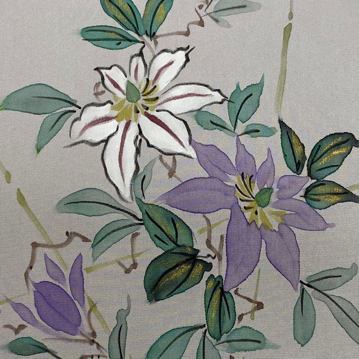 開き名古屋帯 秀品 落款 草花 金彩 灰紫 正絹