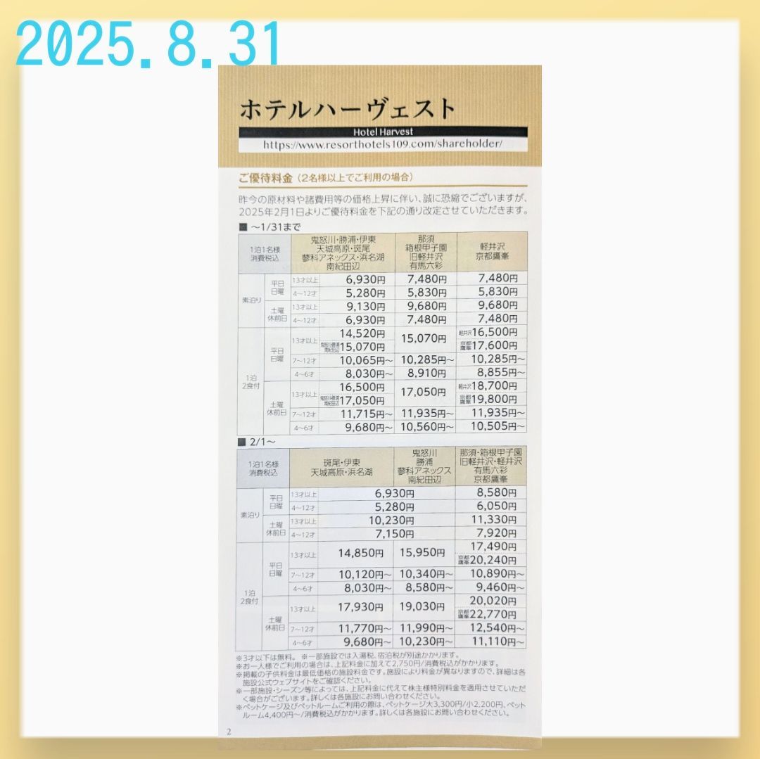 最新】ホテルハーヴェスト いたい 東急不動産 株主様 ご宿泊優待券 2025.8.31