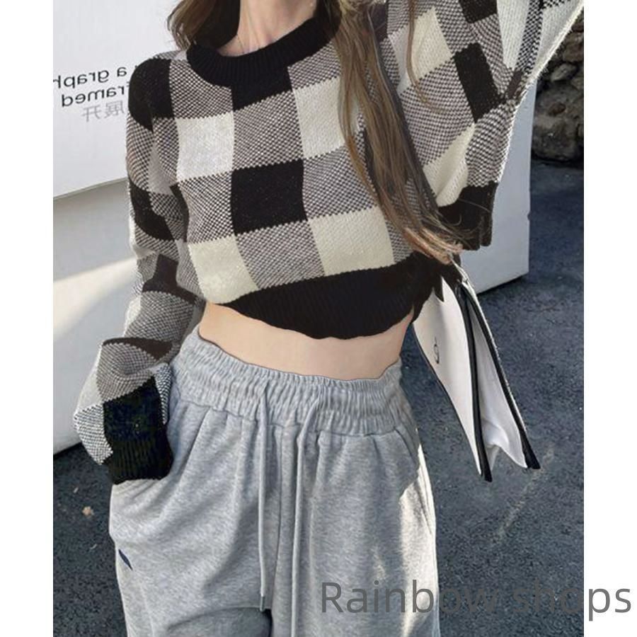 チェック柄ニット ショート丈