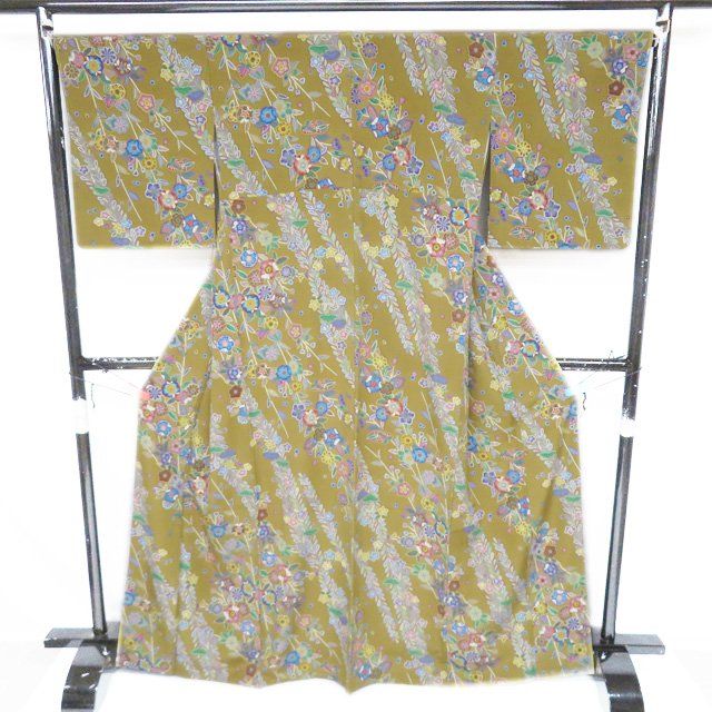 小紋 着物 正絹 袷 カジュアル 花模様 辻が花模様 桑茶色 多色 身丈167cm 裄67cm L トール きもの北條 A1282-8