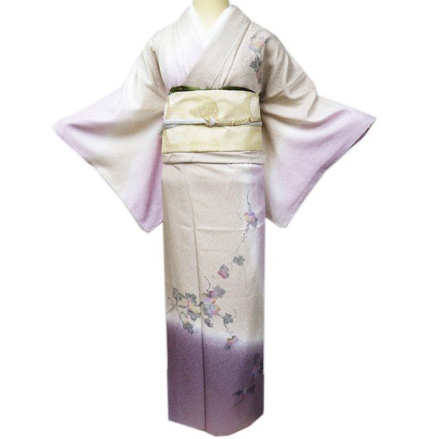 訪問着 着物 未使用 正絹 袷 フォーマル 葉っぱの図 暈し 淡紅藤色