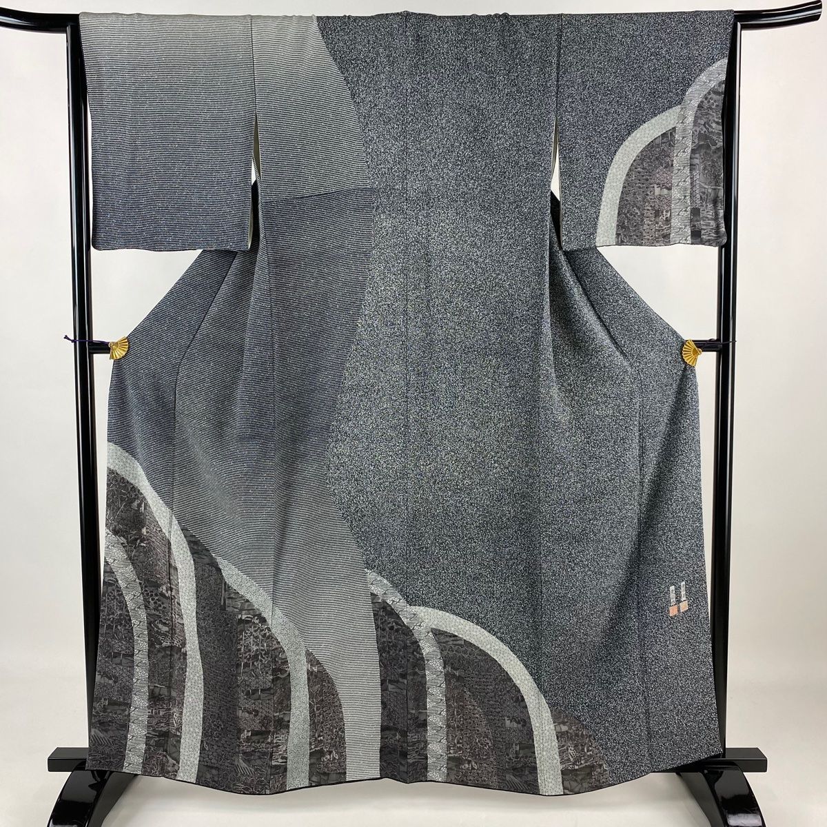 訪問着 身丈160.5cm 裄丈66cm M 袷 更勝 落款 横縞 風景 黒 正絹 美品  