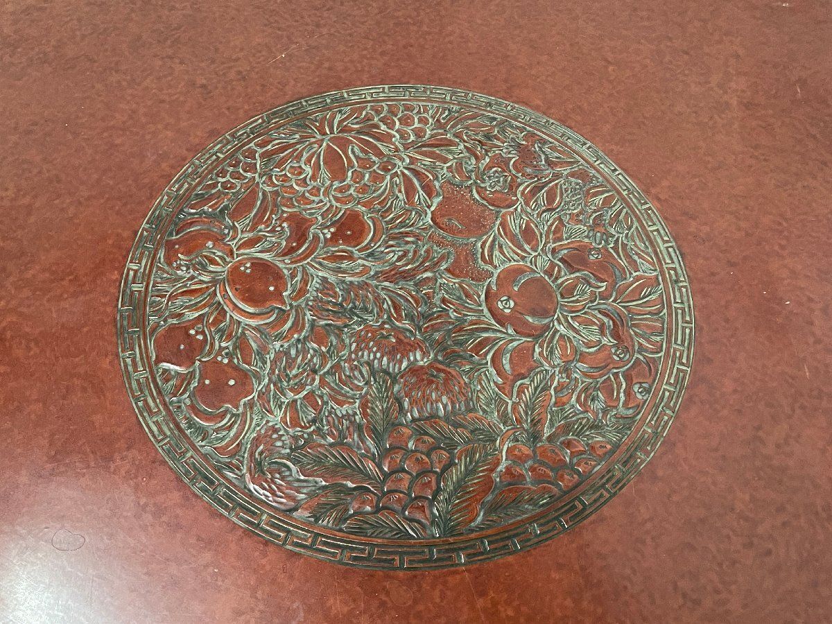 鎌倉彫風彫刻 円卓 ちゃぶ台 座卓 直径150cm センターテーブル ローテーブル 木製 和製アンティーク 民芸家具 和室 中国 貝1258