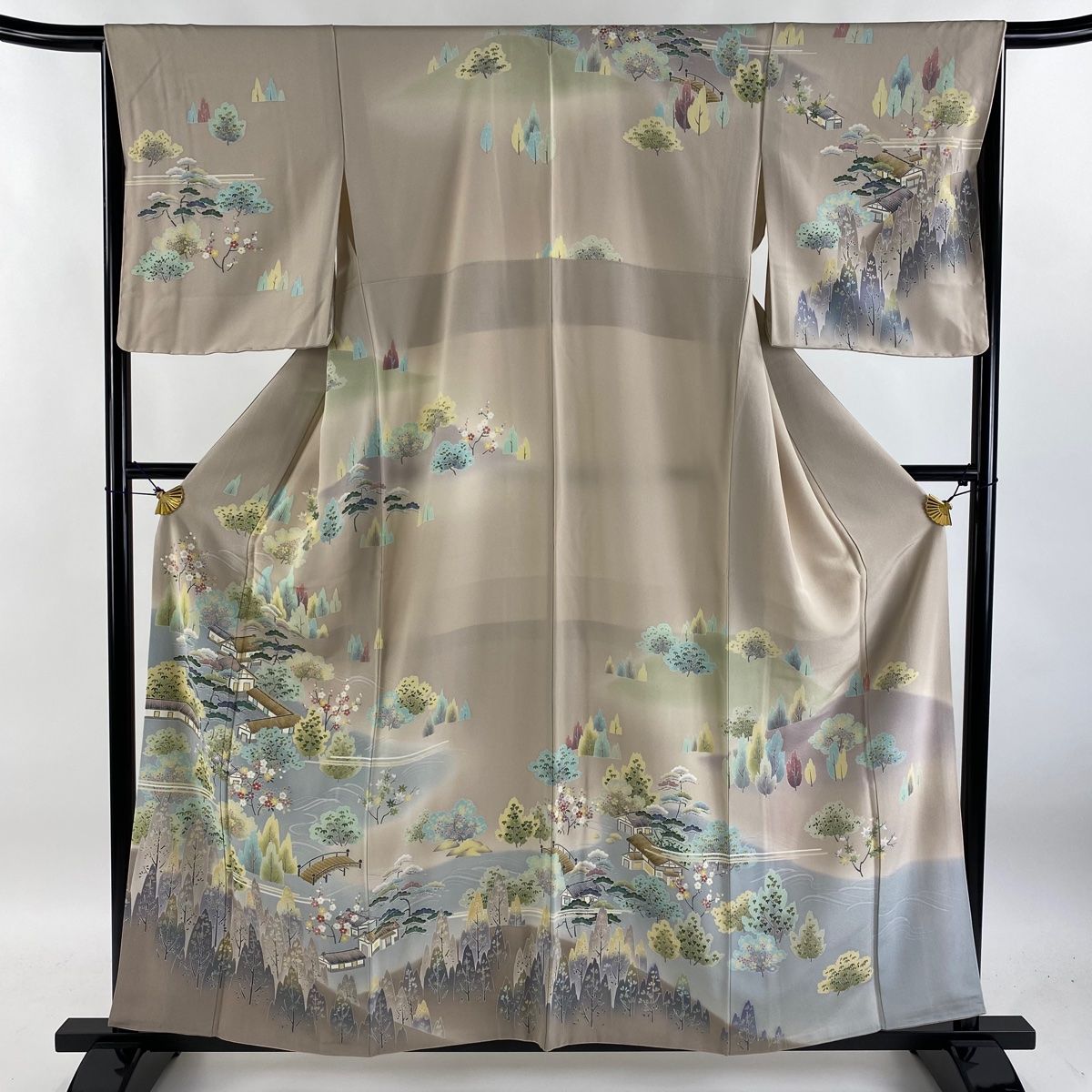 訪問着 身丈160cm 裄丈66cm M 袷 風景 樹木 ぼかし 金糸 ベージュ 正絹 美品 名品 【】