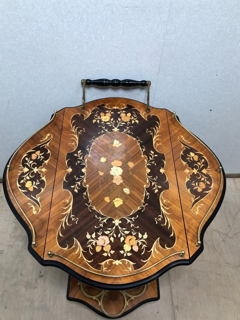 イタリア 象嵌細工 キッチンワゴン ティーカート サーヴィングカート カート キッチンワゴン 象嵌細工 イタリア製 バタフライ天板 折りたたみ天板