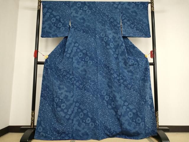 平和屋着物□極上 小紋 藍 切嵌花文 鬼しぼ縮緬 逸品 DZAA7322kh5