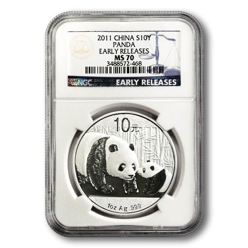 China Mother Panda Cub 10 Yuan 2011 1 oz .999 Silver Crown NGC MS-70 Early Rel
