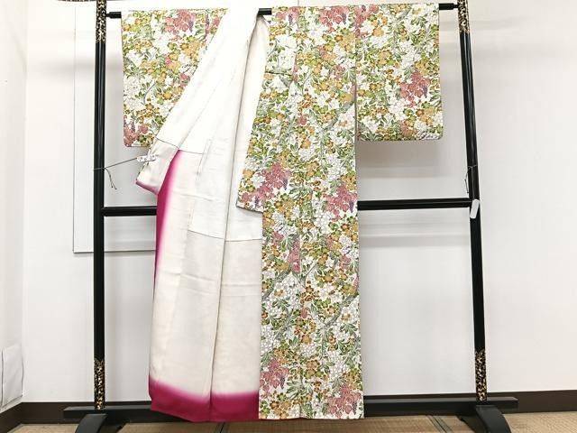 平和屋着物▽訪問着　単衣　総刺繍　陶器花文　青竹色　正絹　逸品　DAAQ3590az 平和屋着物▽訪問着 単衣 総刺繍 陶器花文 青竹色 正絹