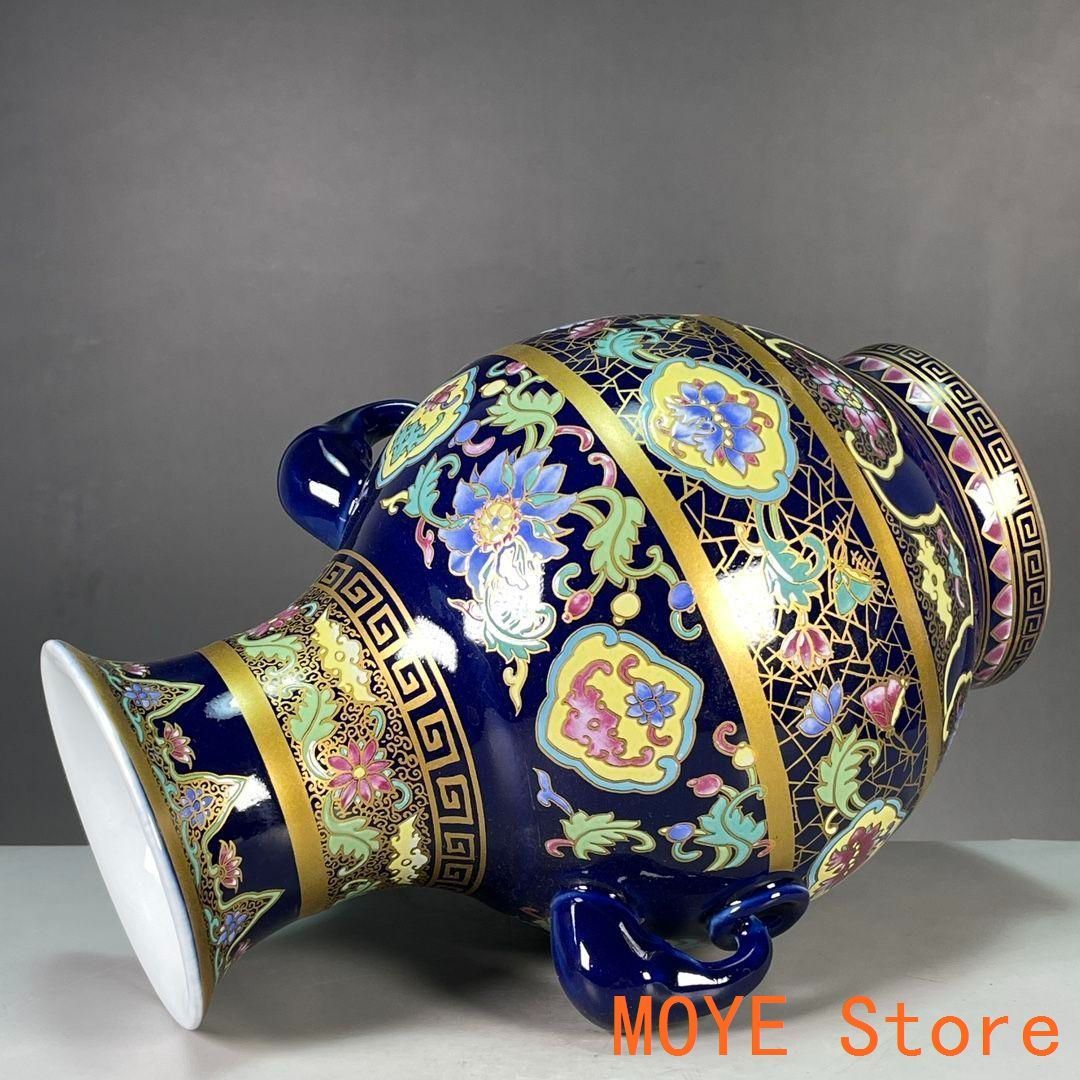 清乾隆藍底花卉図紋双象耳賞瓶 景徳鎮 陶磁器 装飾品 現代工芸品 美術