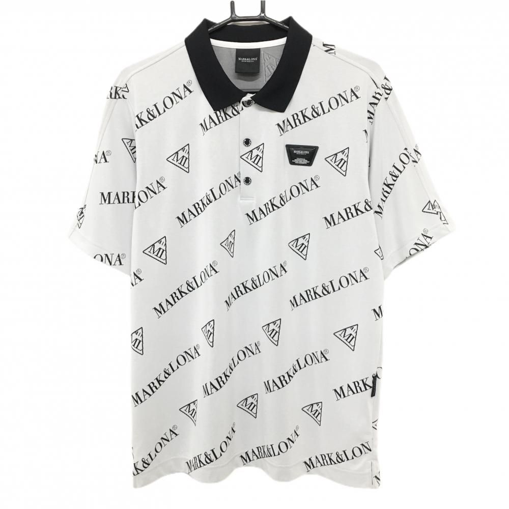 超美品】マークアンドロナ 半袖ポロシャツ 白×黒 ロゴ総柄 スナップ